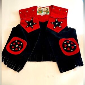 Vintage Pony Ranch black and red western genuine suede fringe unisex vest size S